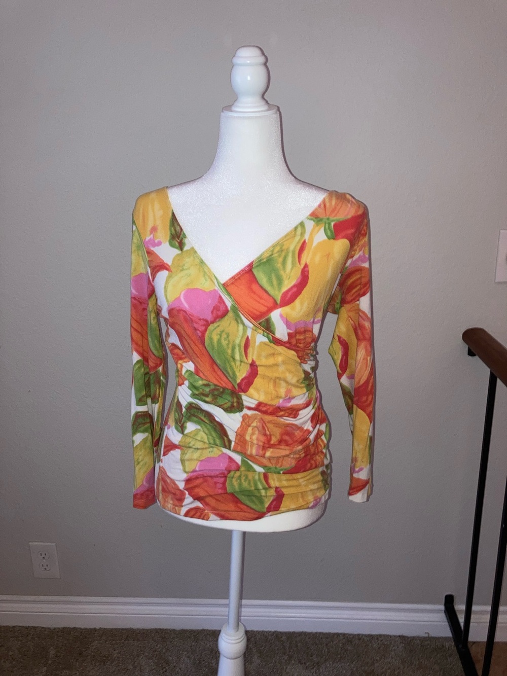 CAbi Yellow Multi Floral Wrap Long Sleeve Top